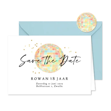 Save the date uitnodiging disco confetti verjaardag feestje